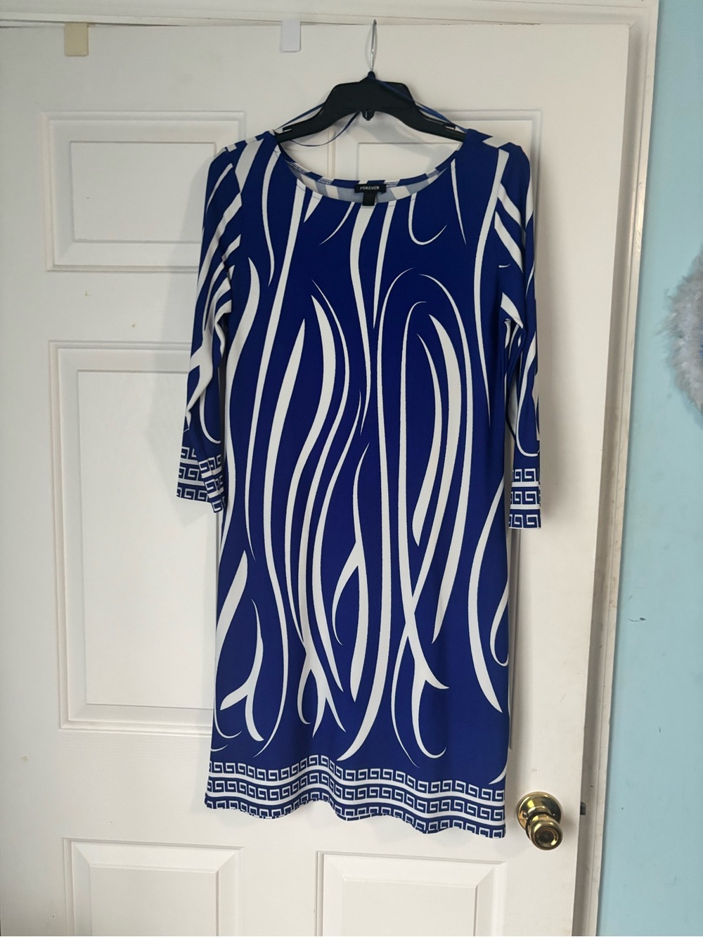 Blue and White Printed Shift Dress